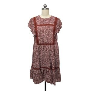 Madewell Floral Print Ruffle Sleeve Tiered Midi Dress Burgundy Orange Women's XL